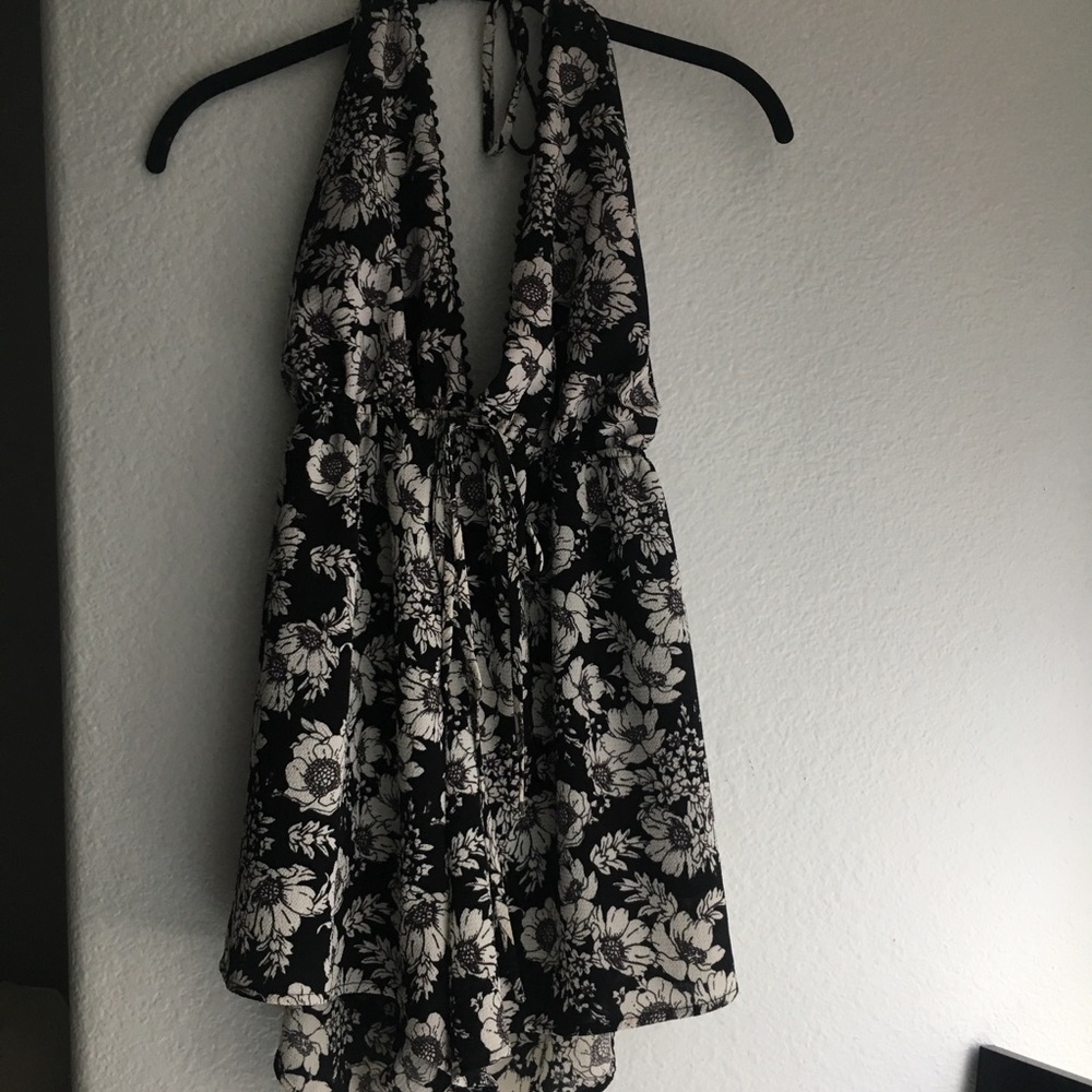 Black and white flowered print romper